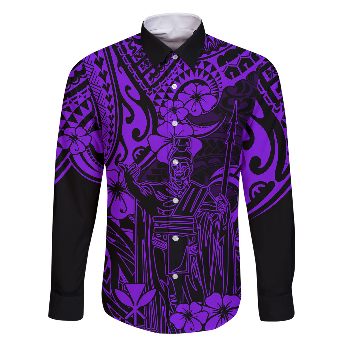 Hawaii King Kamehameha Family Matching Puletasi Dress and Hawaiian Shirt Polynesian Pattern Purple Version LT01 Dad's Shirt - Long Sleeve Purple - Polynesian Pride