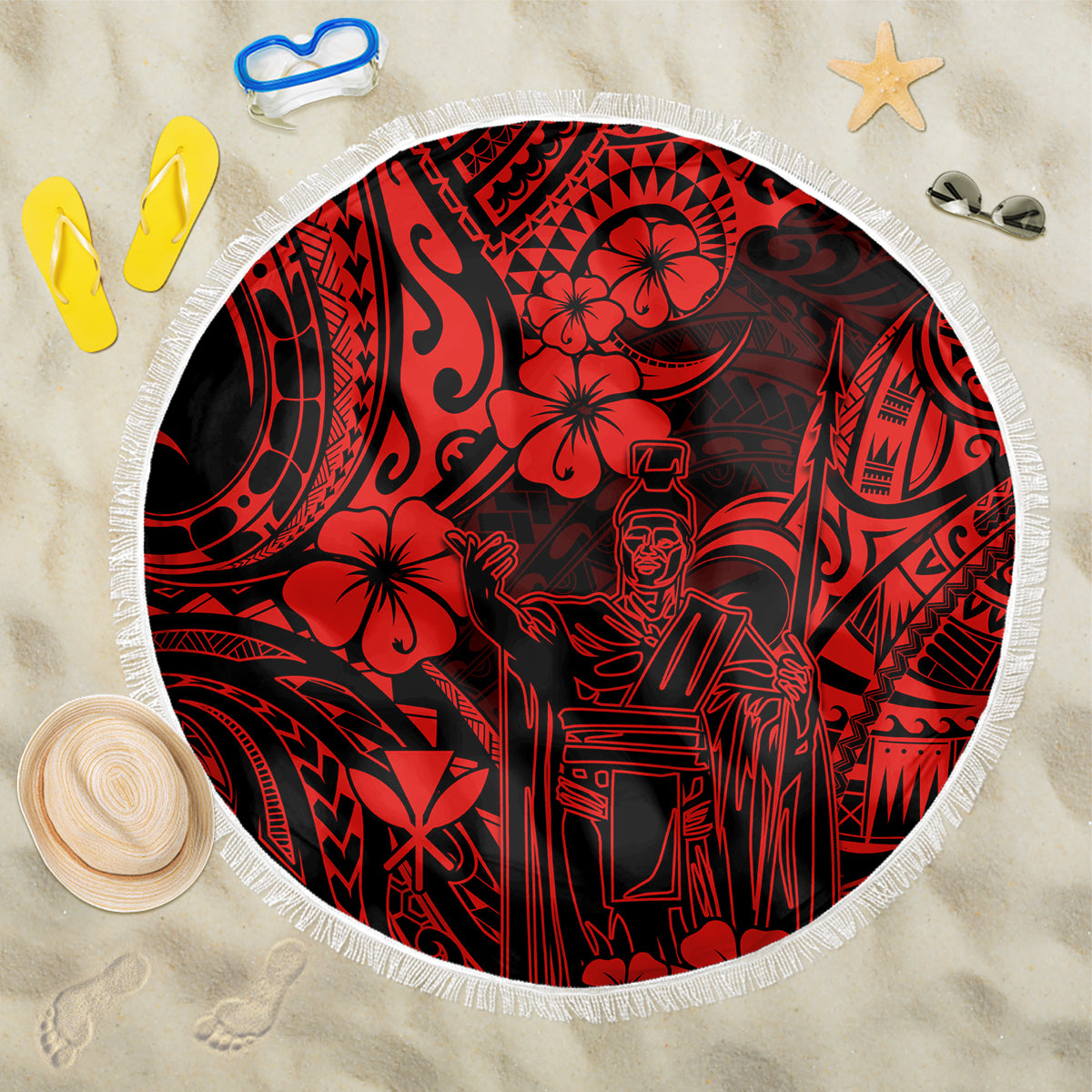 Hawaii King Kamehameha Beach Blanket Polynesian Pattern Red Version LT01 One Size 150cm Red - Wonder Print Shop