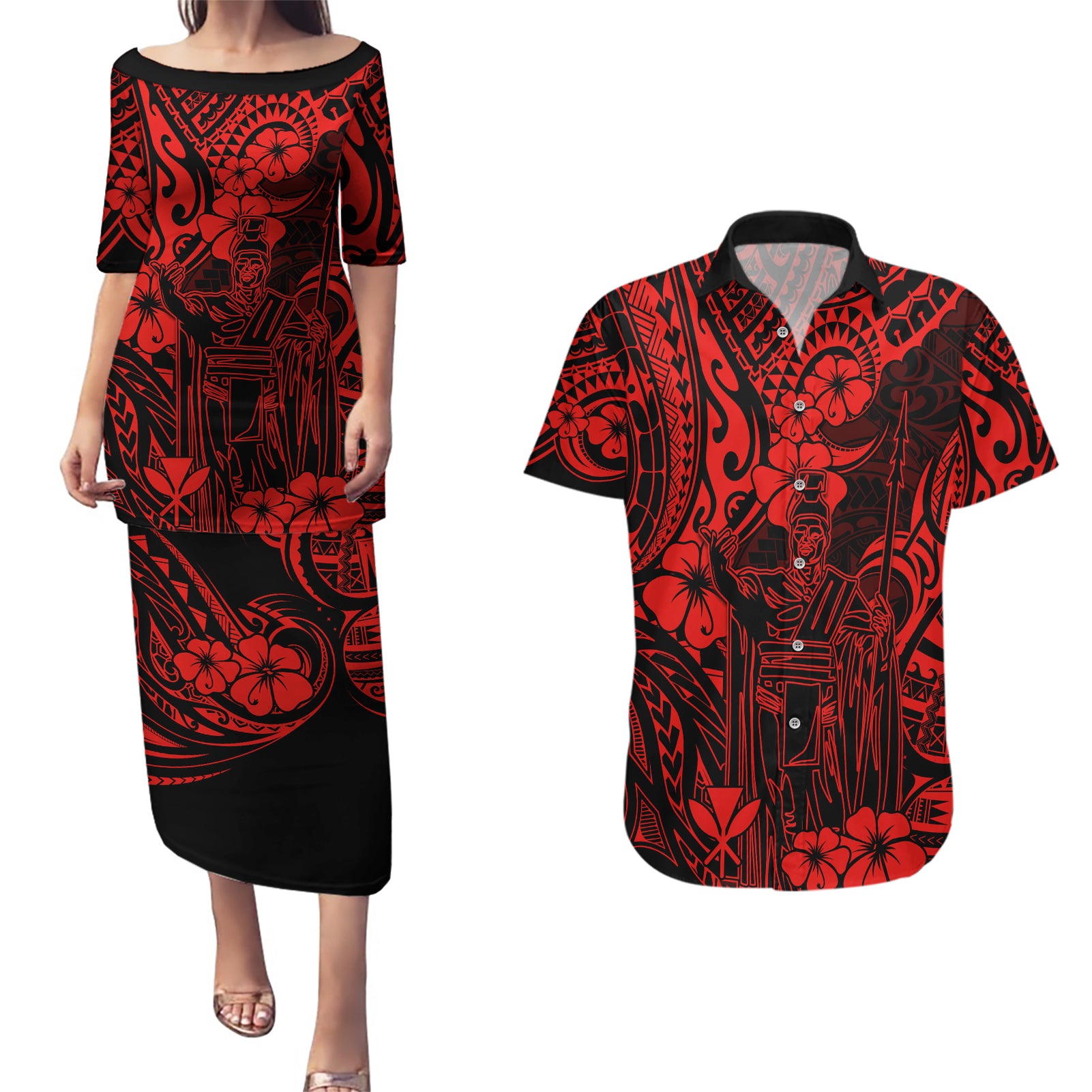 Hawaii King Kamehameha Couples Matching Puletasi Dress and Hawaiian Shirt Polynesian Pattern Red Version LT01 Red - Polynesian Pride