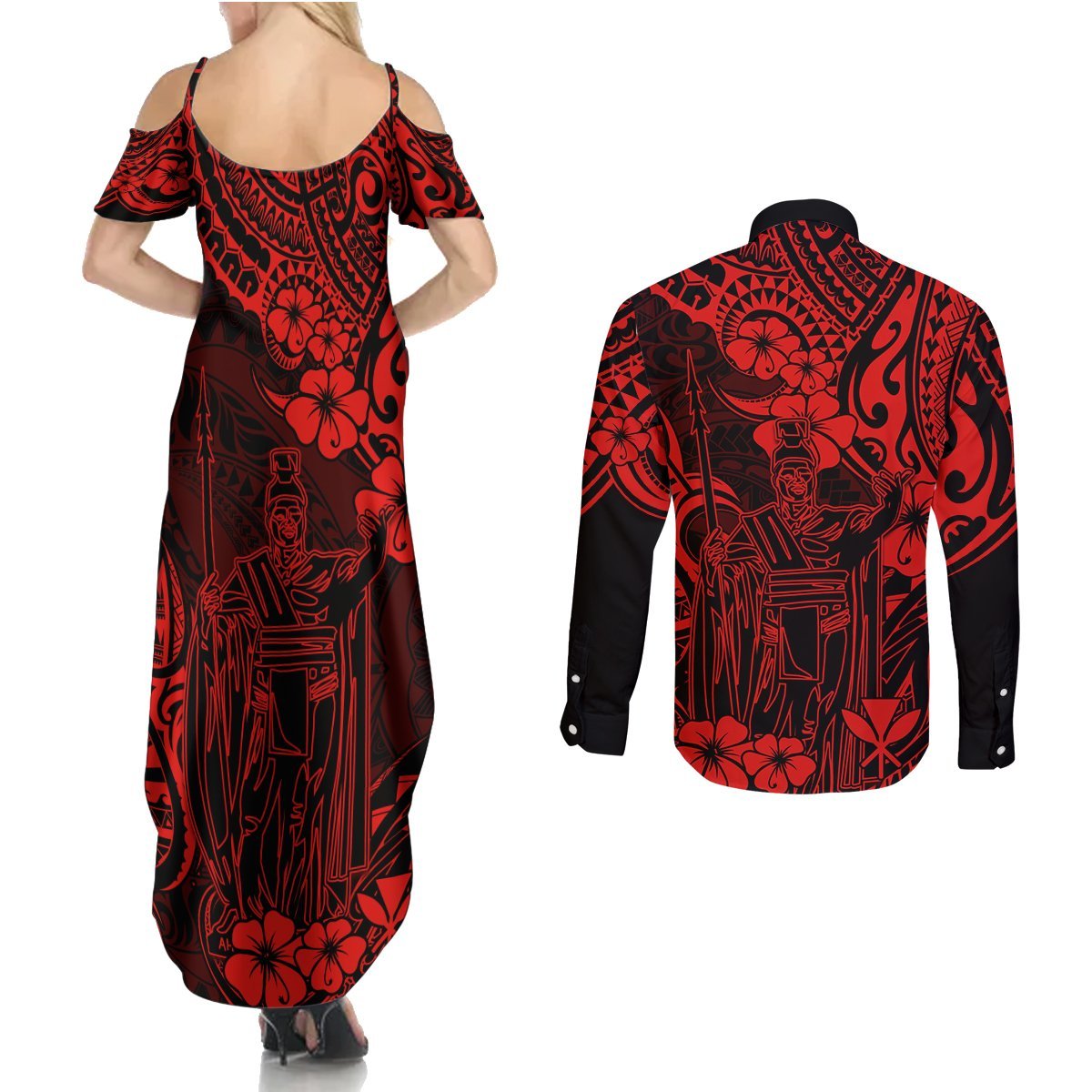 Hawaii King Kamehameha Couples Matching Summer Maxi Dress and Long Sleeve Button Shirts Polynesian Pattern Red Version LT01 - Polynesian Pride
