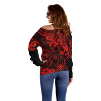 Hawaii King Kamehameha Off Shoulder Sweater Polynesian Pattern Red Version LT01 - Polynesian Pride