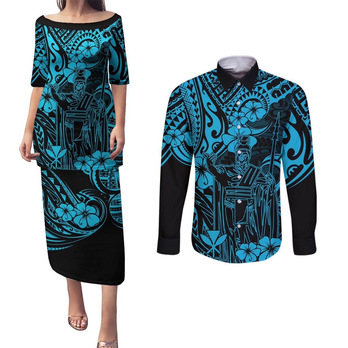 Hawaii King Kamehameha Couples Matching Puletasi Dress and Long Sleeve Button Shirts Polynesian Pattern Sky Blue Version LT01 Blue - Polynesian Pride