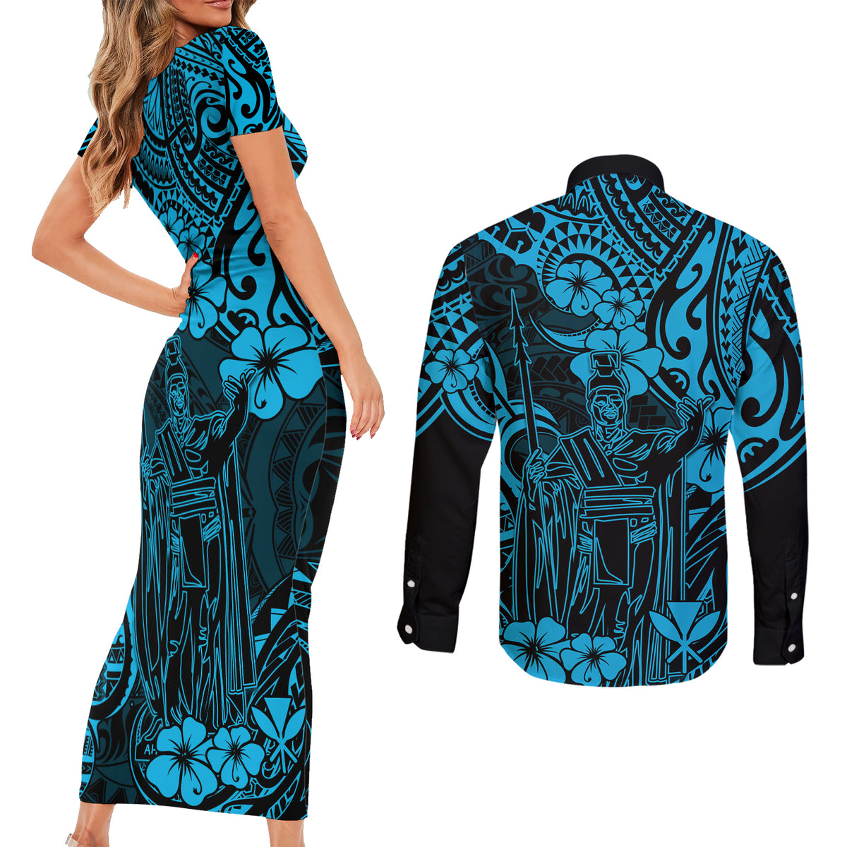 Hawaii King Kamehameha Couples Matching Short Sleeve Bodycon Dress and Long Sleeve Button Shirts Polynesian Pattern Sky Blue Version LT01 - Polynesian Pride