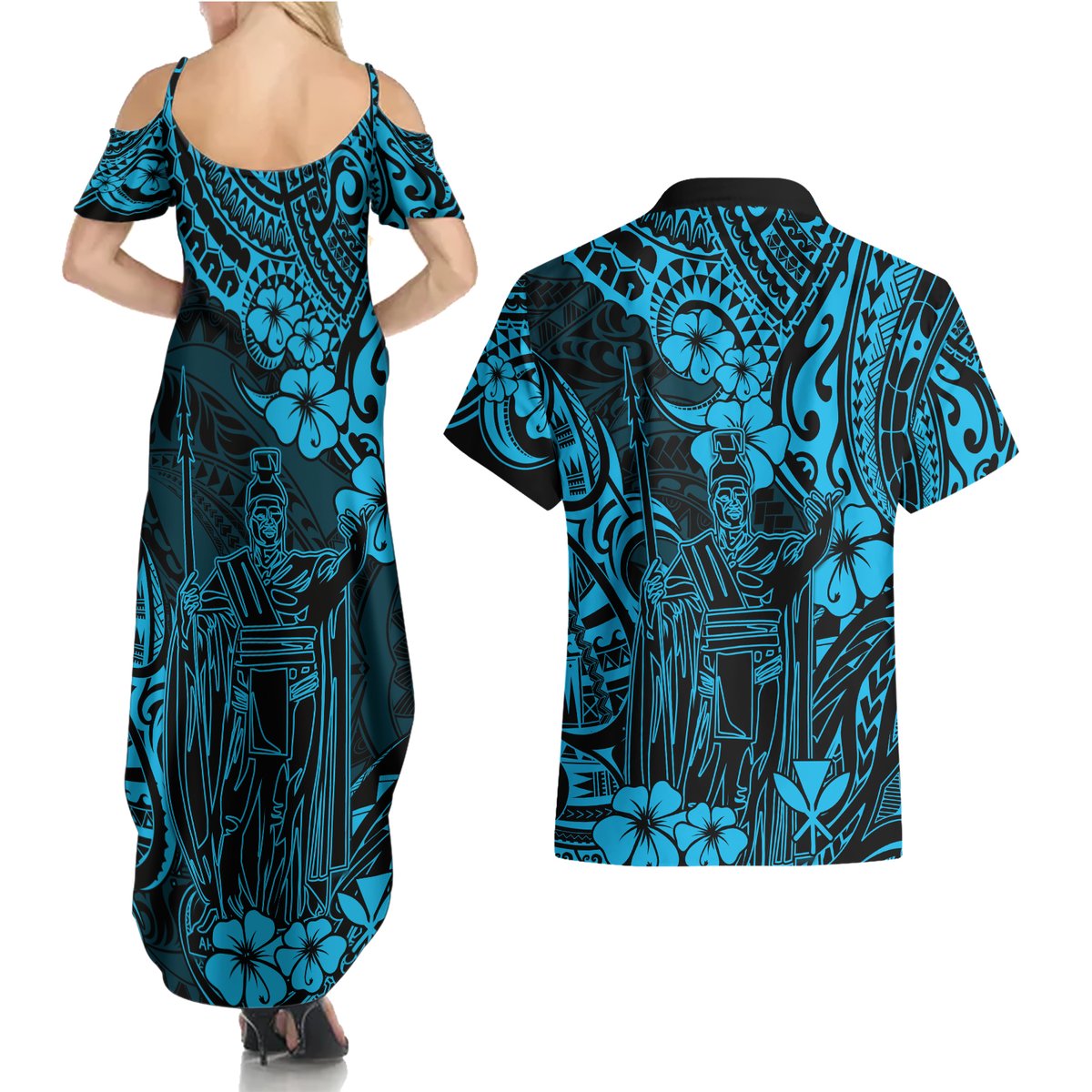 Hawaii King Kamehameha Couples Matching Summer Maxi Dress and Hawaiian Shirt Polynesian Pattern Sky Blue Version LT01 - Polynesian Pride