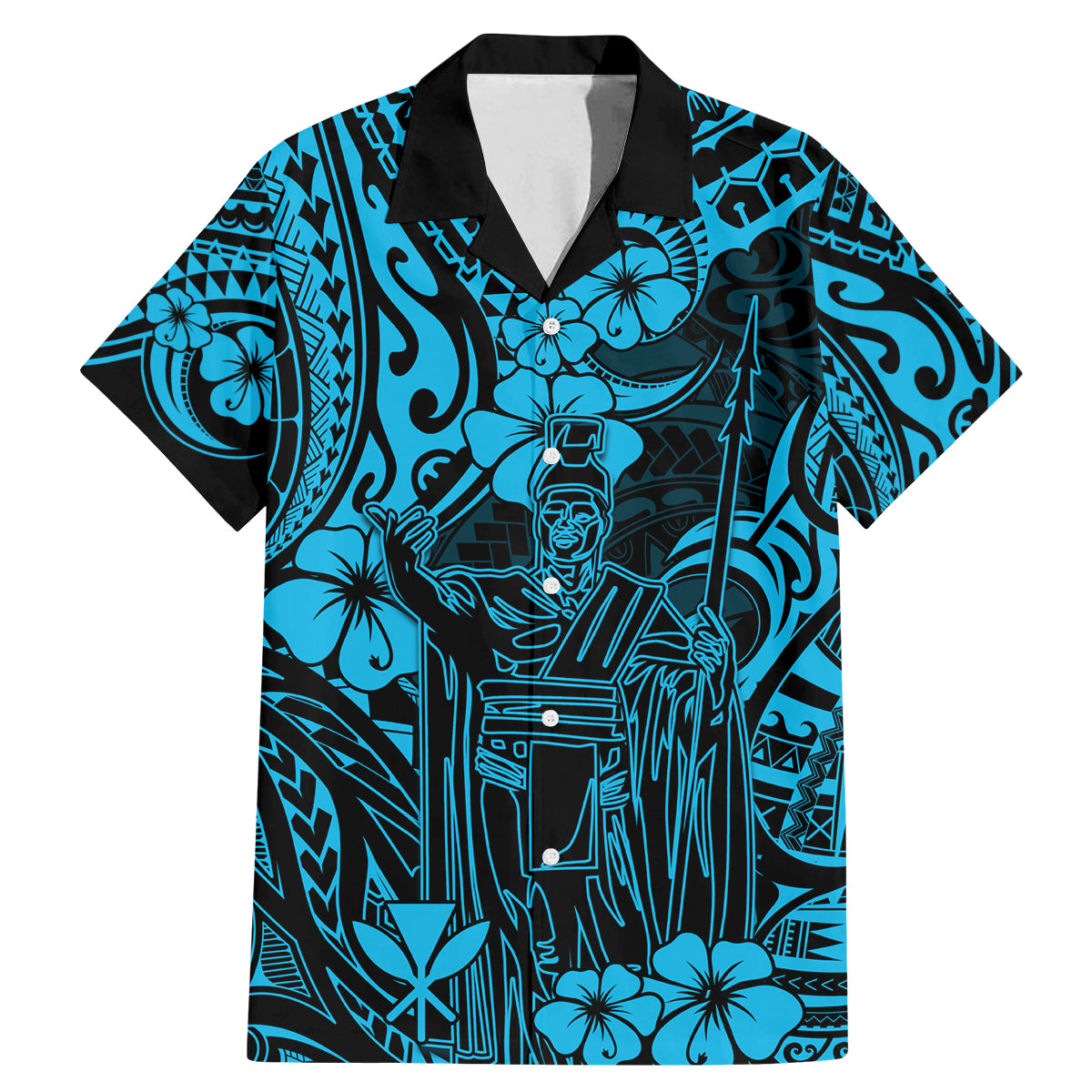 Hawaii King Kamehameha Family Matching Mermaid Dress and Hawaiian Shirt Polynesian Pattern Sky Blue Version LT01 Dad's Shirt - Short Sleeve Blue - Polynesian Pride