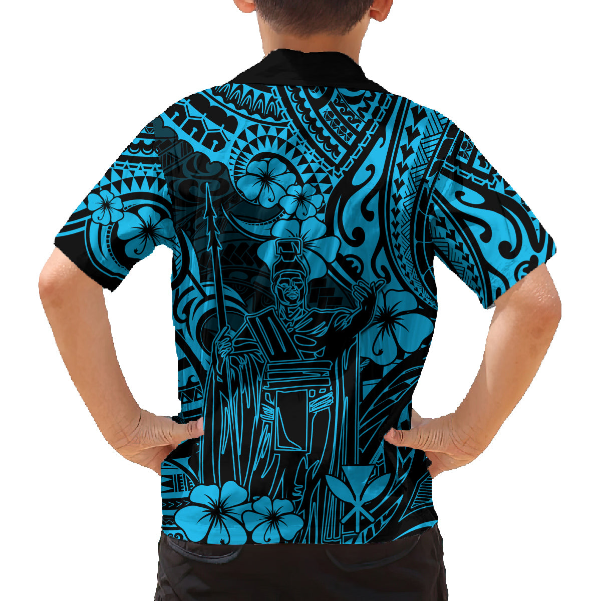 Hawaii King Kamehameha Family Matching Off Shoulder Short Dress and Hawaiian Shirt Polynesian Pattern Sky Blue Version LT01 - Polynesian Pride