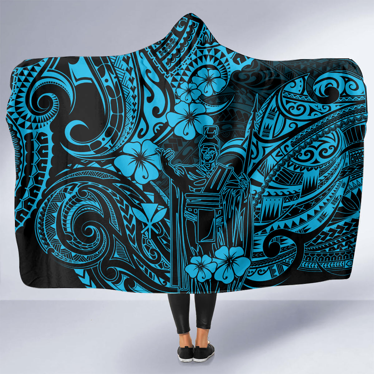Hawaii King Kamehameha Hooded Blanket Polynesian Pattern Sky Blue Version LT01 - Polynesian Pride
