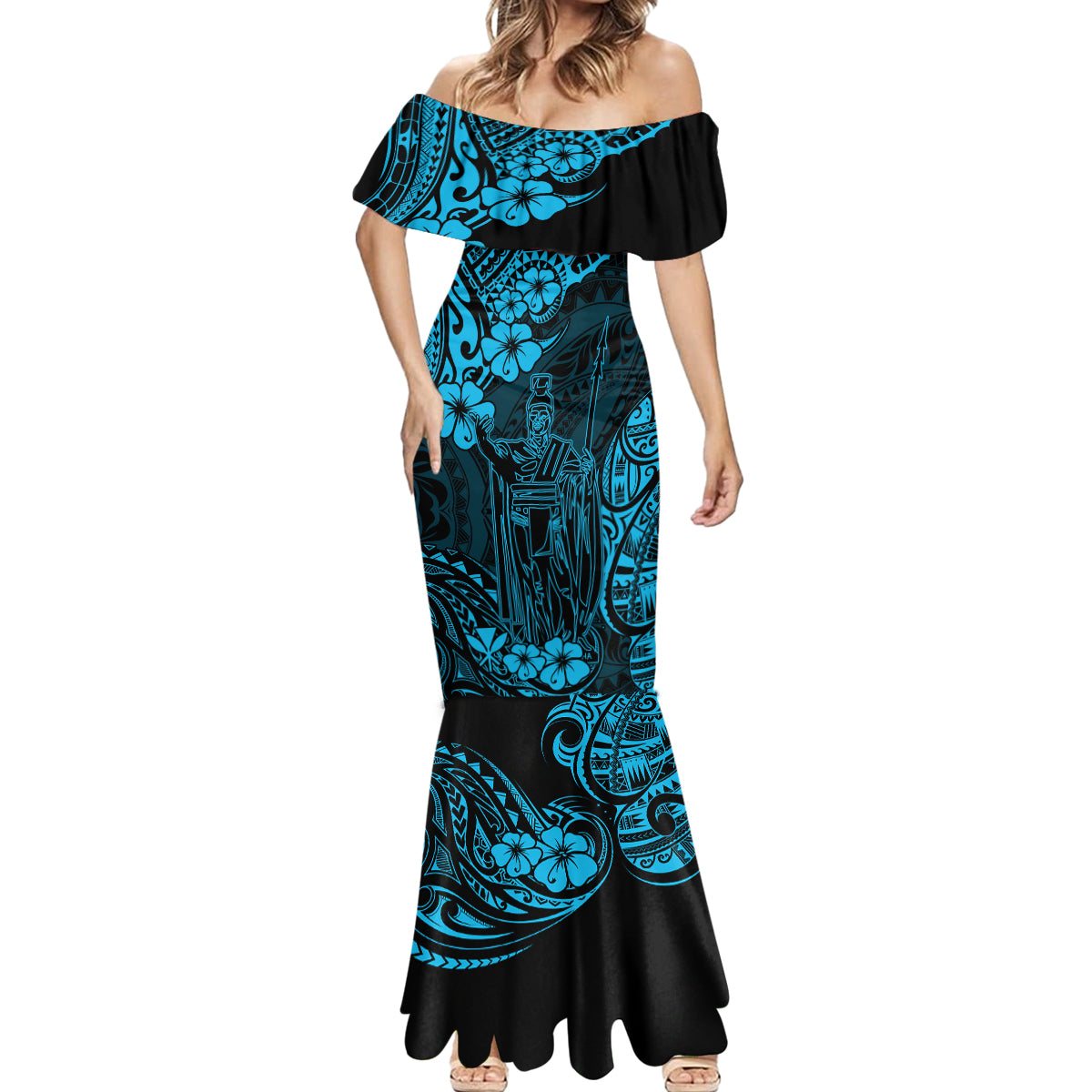 Hawaii King Kamehameha Mermaid Dress Polynesian Pattern Sky Blue Version LT01 - Polynesian Pride