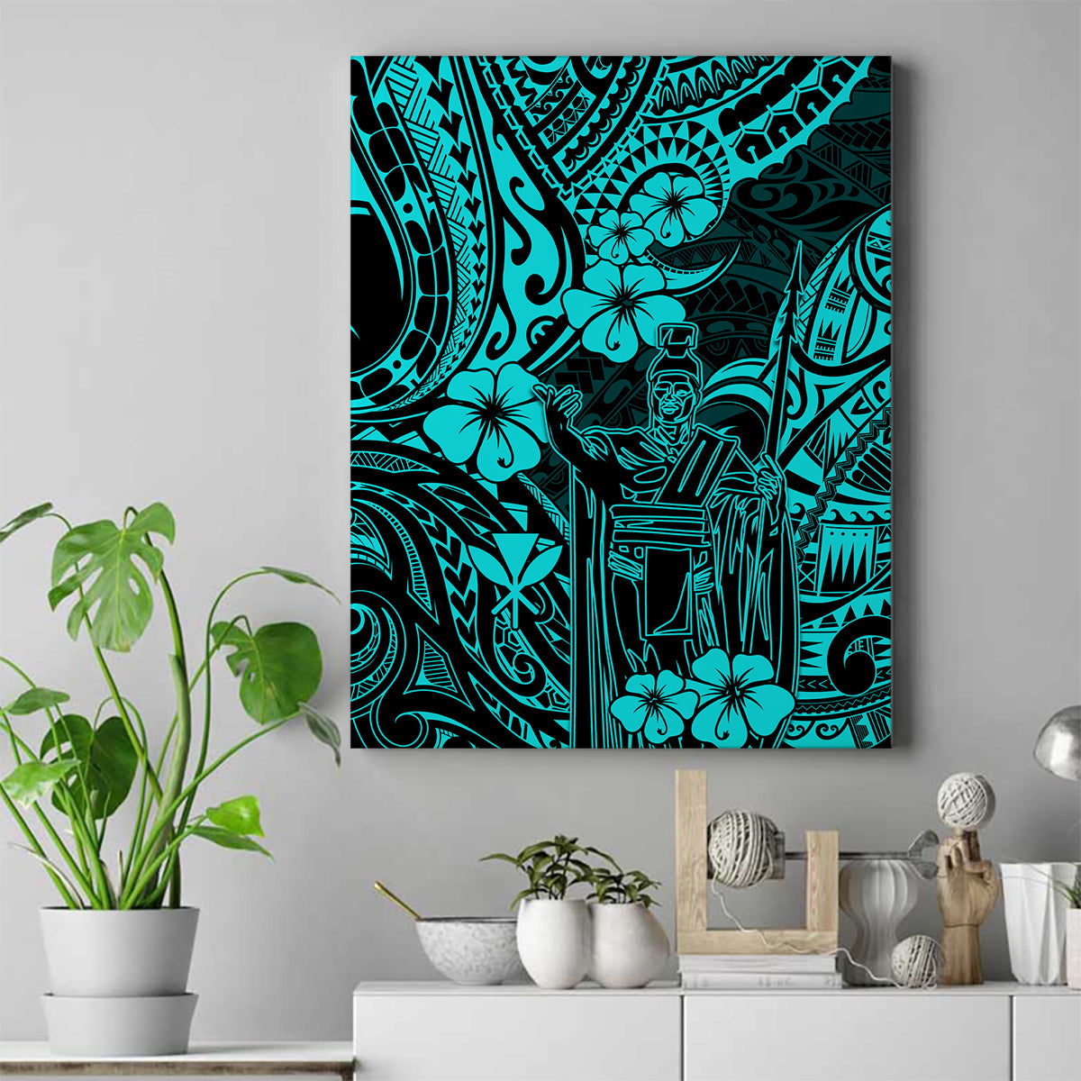 Hawaii King Kamehameha Canvas Wall Art Polynesian Pattern Turquoise Version LT01 Turquoise - Polynesian Pride