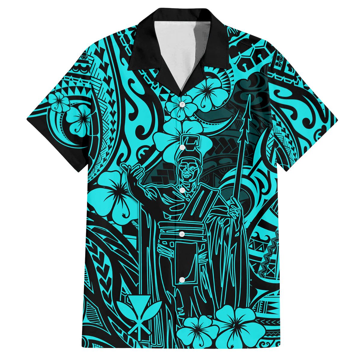 Hawaii King Kamehameha Family Matching Off Shoulder Long Sleeve Dress and Hawaiian Shirt Polynesian Pattern Turquoise Version LT01 Dad's Shirt - Short Sleeve Turquoise - Polynesian Pride