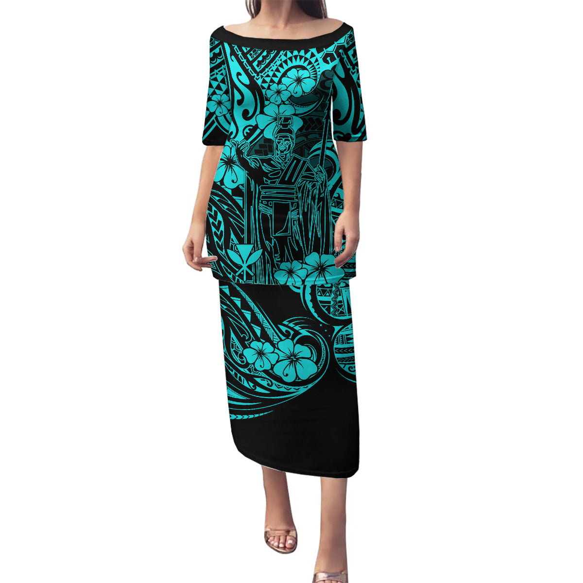 Hawaii King Kamehameha Family Matching Puletasi Dress and Hawaiian Shirt Polynesian Pattern Turquoise Version LT01 Mom's Dress Turquoise - Polynesian Pride