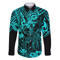 Hawaii King Kamehameha Family Matching Tank Maxi Dress and Hawaiian Shirt Polynesian Pattern Turquoise Version LT01 Dad's Shirt - Long Sleeve Turquoise - Polynesian Pride