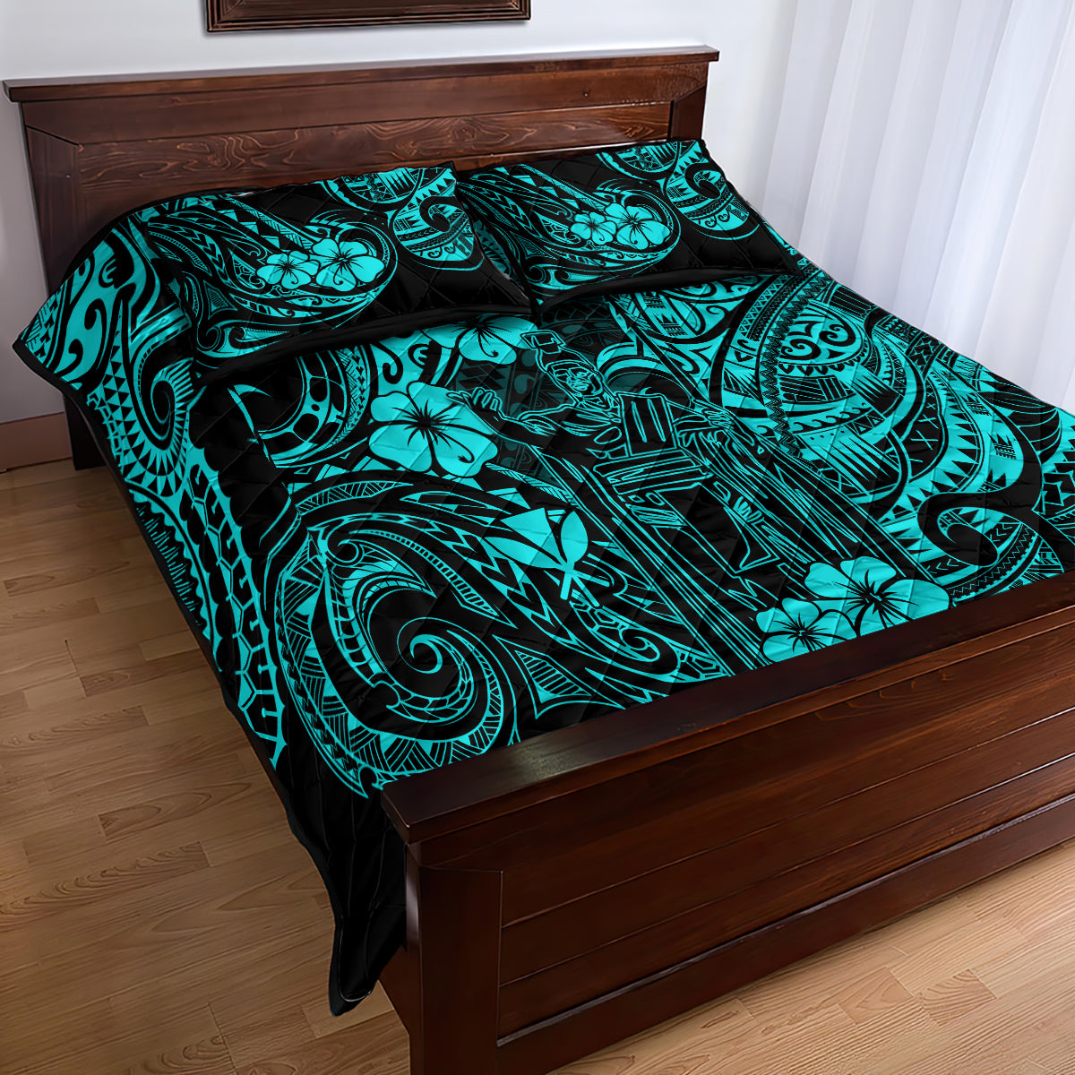 Hawaii King Kamehameha Quilt Bed Set Polynesian Pattern Turquoise Version LT01 - Polynesian Pride