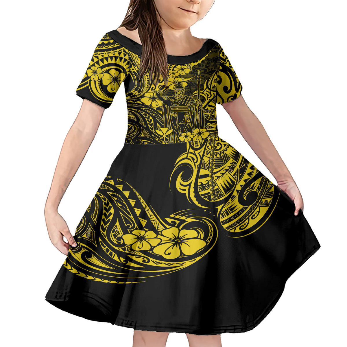 Hawaii King Kamehameha Family Matching Short Sleeve Bodycon Dress and Hawaiian Shirt Polynesian Pattern Yellow Version LT01 Daughter's Dress Yellow - Polynesian Pride