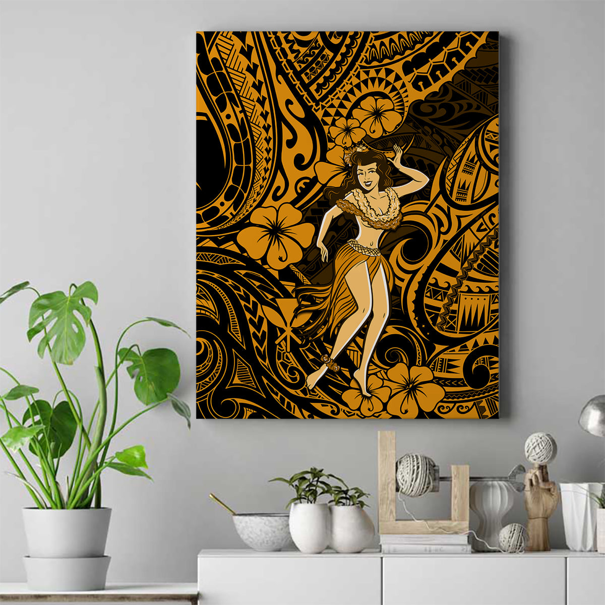 Hawaii Hula Girl Canvas Wall Art Polynesian Pattern Gold Version LT01 Gold - Polynesian Pride