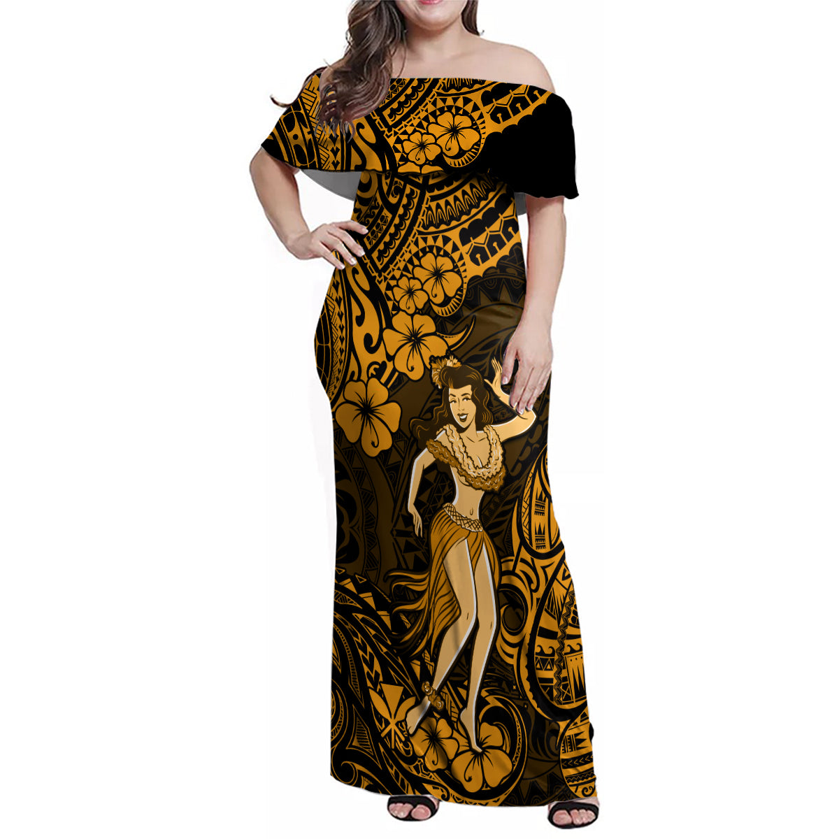 Hawaii Hula Girl Family Matching Off Shoulder Maxi Dress and Hawaiian Shirt Polynesian Pattern Gold Version LT01 Mom's Dress Gold - Polynesian Pride