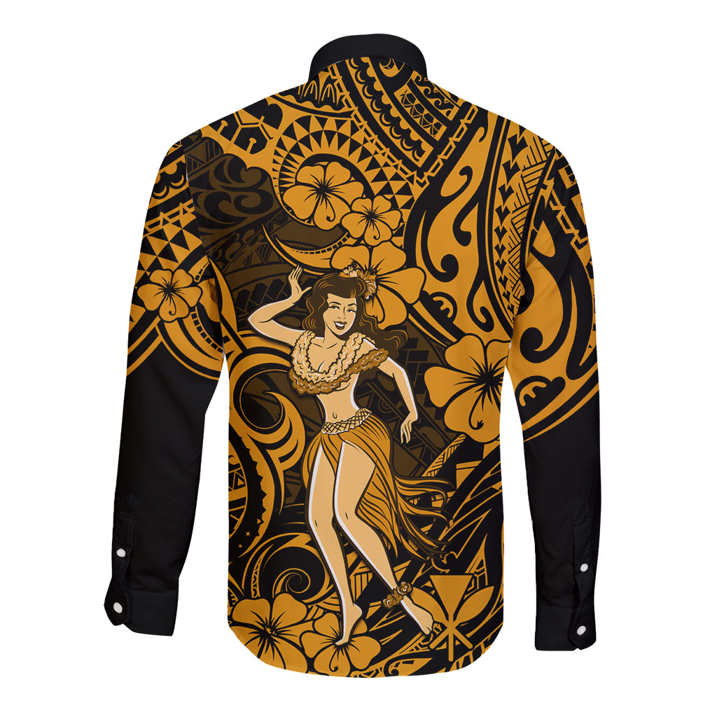 Hawaii Hula Girl Long Sleeve Button Shirt Polynesian Pattern Gold Version LT01 - Polynesian Pride