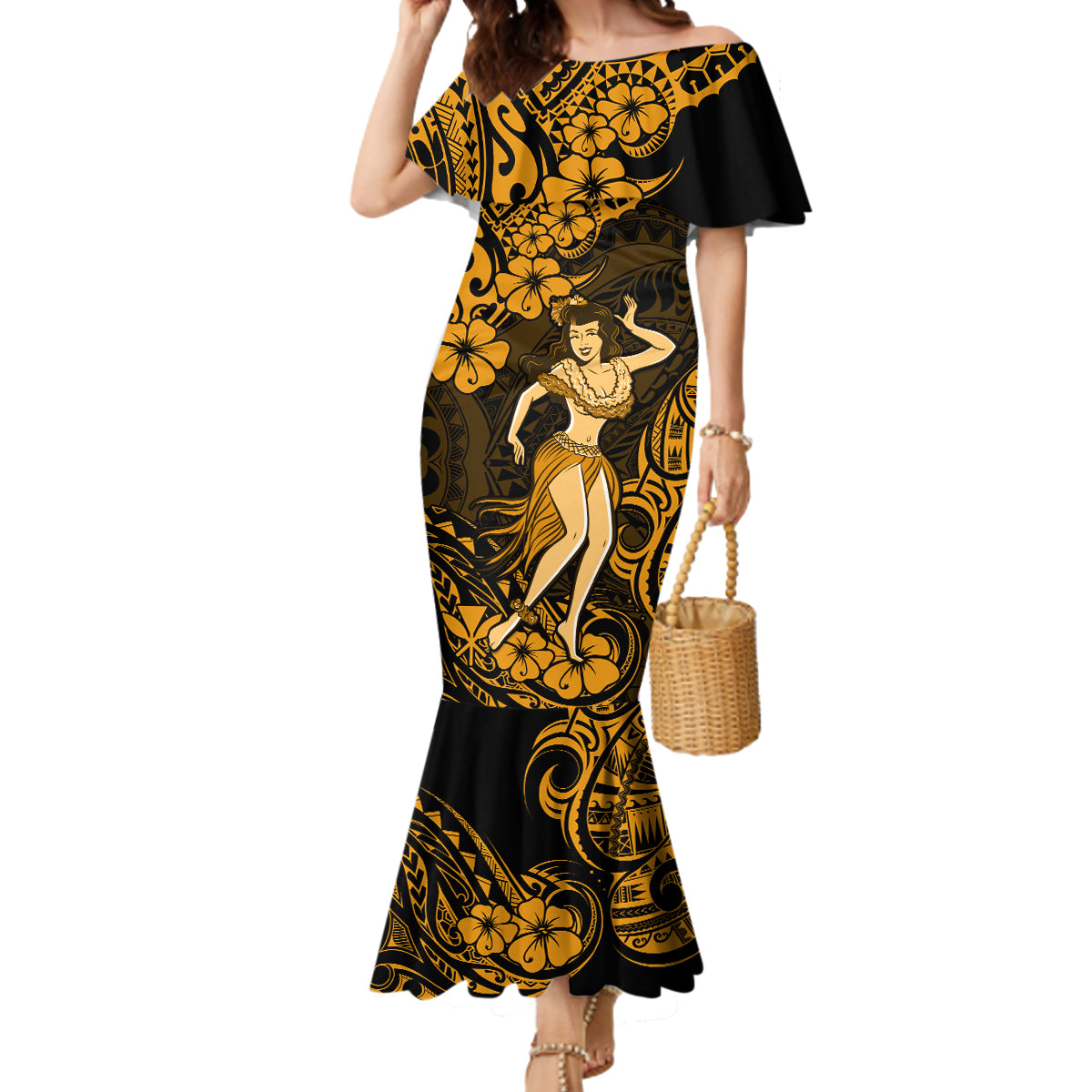 Hawaii Hula Girl Mermaid Dress Polynesian Pattern Gold Version LT01 Women Gold - Polynesian Pride