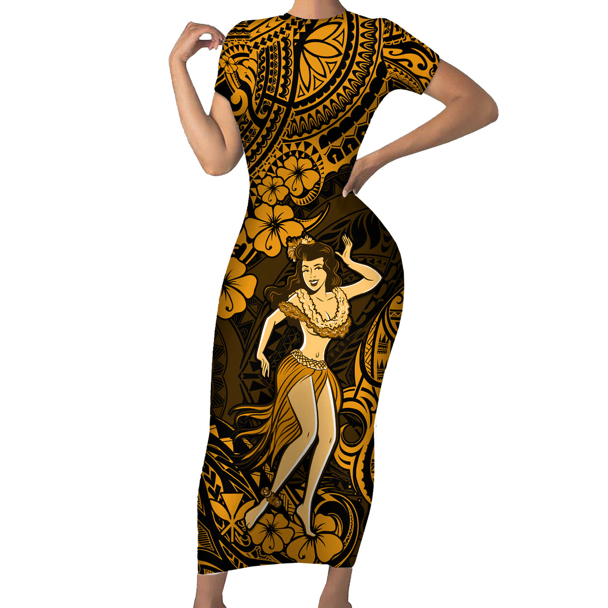 Hawaii Hula Girl Short Sleeve Bodycon Dress Polynesian Pattern Gold Version LT01 Long Dress Gold - Polynesian Pride