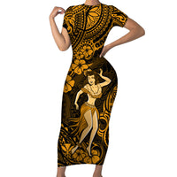 Hawaii Hula Girl Short Sleeve Bodycon Dress Polynesian Pattern Gold Version LT01 Long Dress Gold - Polynesian Pride