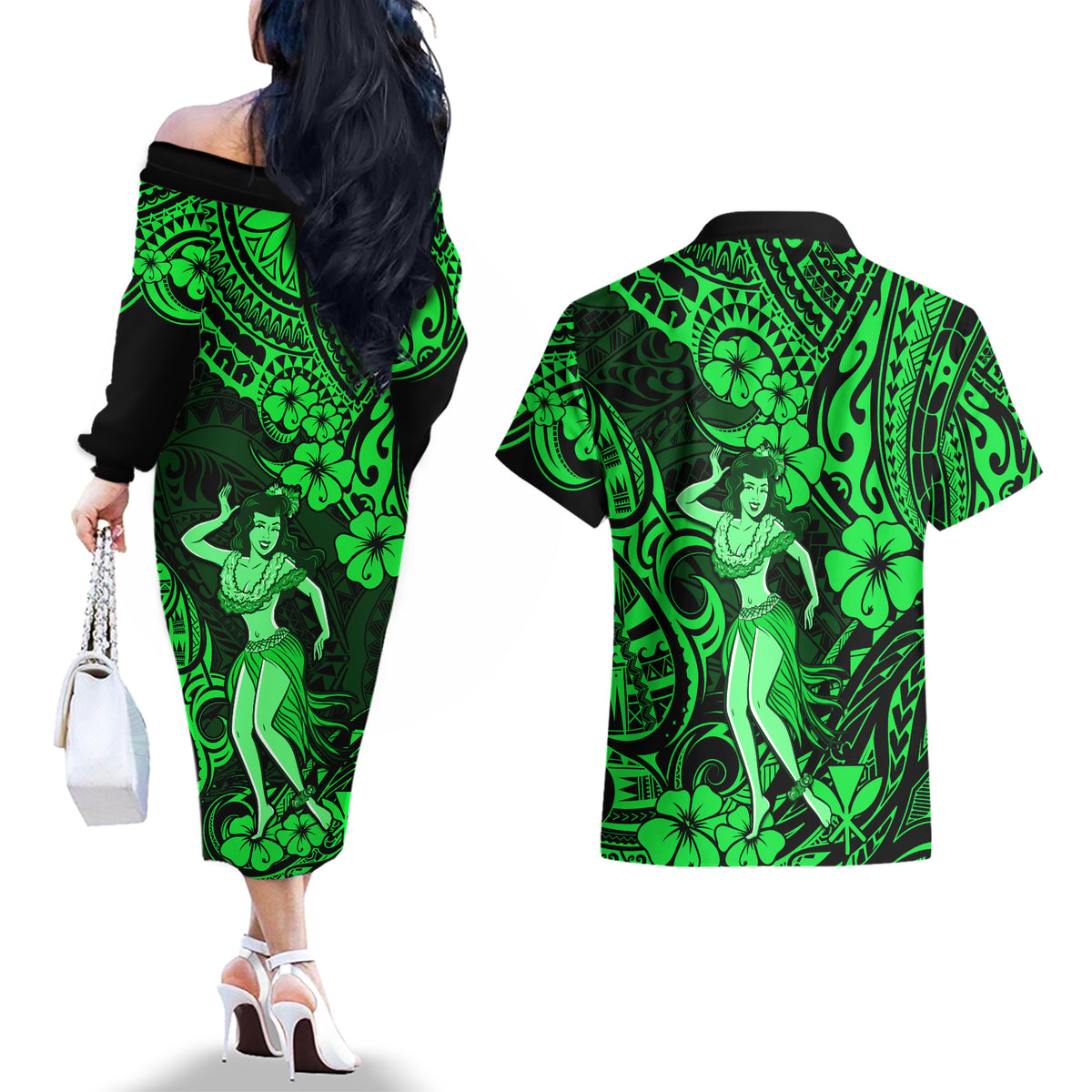 Hawaii Hula Girl Couples Matching Off The Shoulder Long Sleeve Dress and Hawaiian Shirt Polynesian Pattern Green Version LT01 - Polynesian Pride