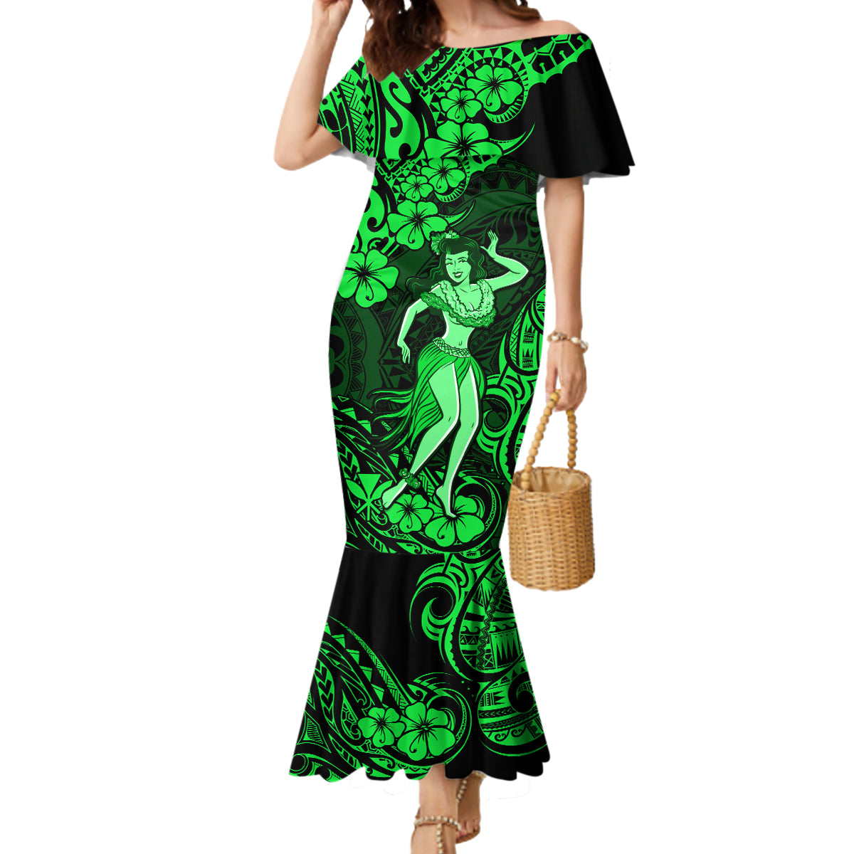 Hawaii Hula Girl Mermaid Dress Polynesian Pattern Green Version LT01 Women Green - Polynesian Pride