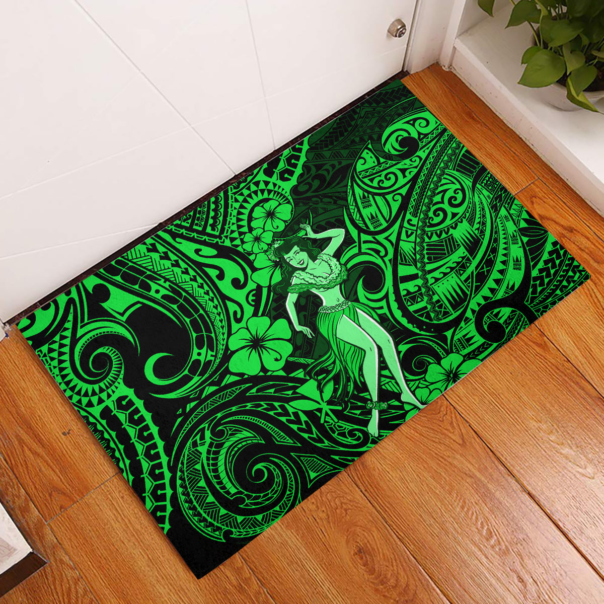 Hawaii Hula Girl Rubber Doormat Polynesian Pattern Green Version LT01 Green - Polynesian Pride