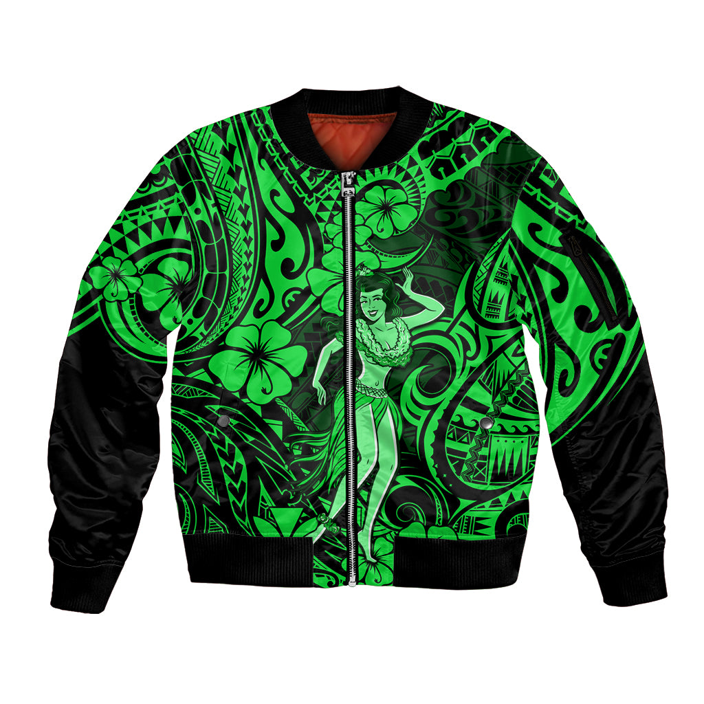 Hawaii Hula Girl Sleeve Zip Bomber Jacket Polynesian Pattern Green Version LT01 Unisex Green - Polynesian Pride