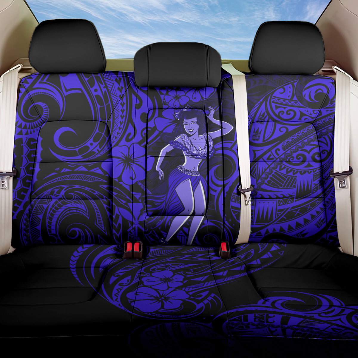 Hawaii Hula Girl Back Car Seat Cover Polynesian Pattern Navy Blue Version