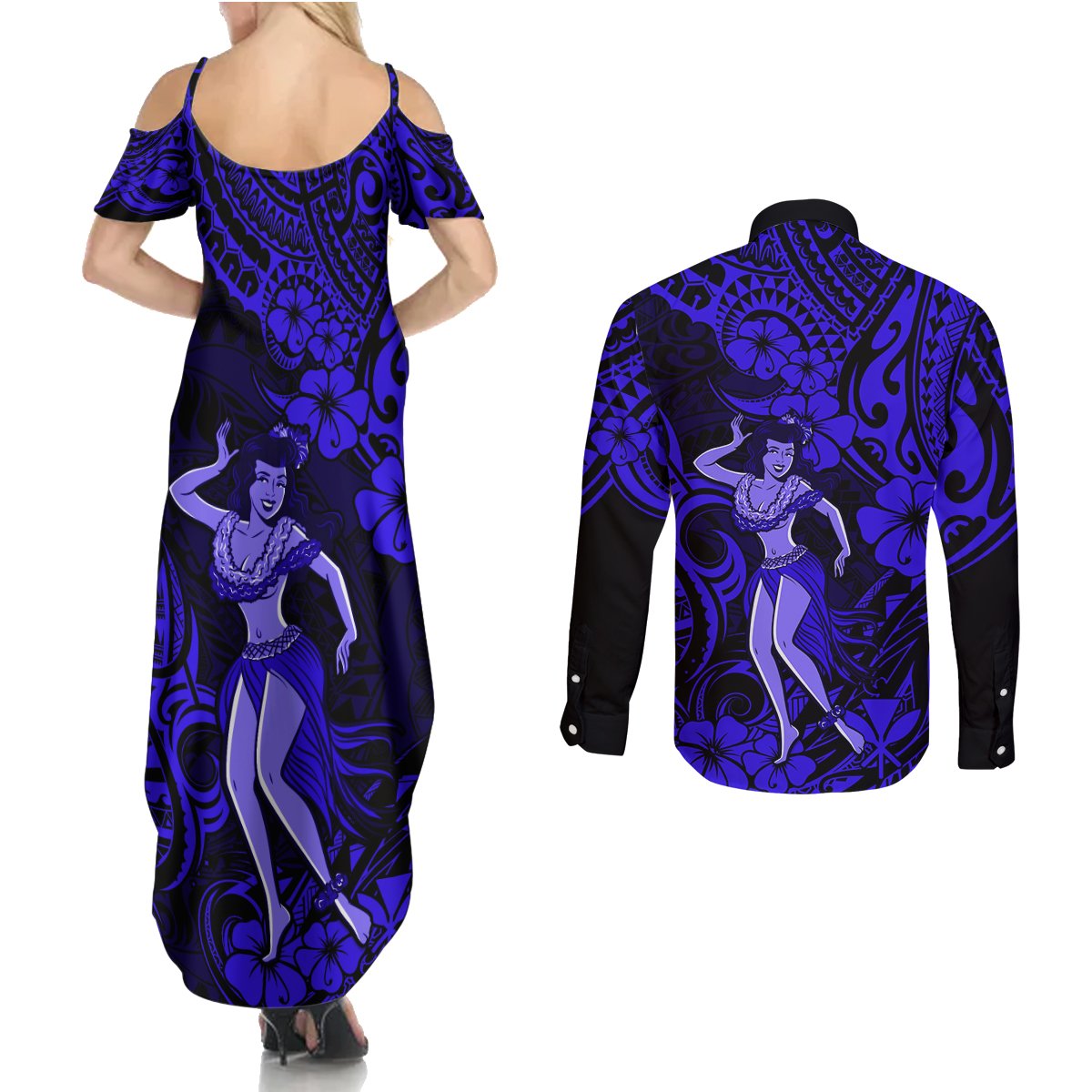 Hawaii Hula Girl Couples Matching Summer Maxi Dress and Long Sleeve Button Shirts Polynesian Pattern Navy Blue Version LT01 - Polynesian Pride