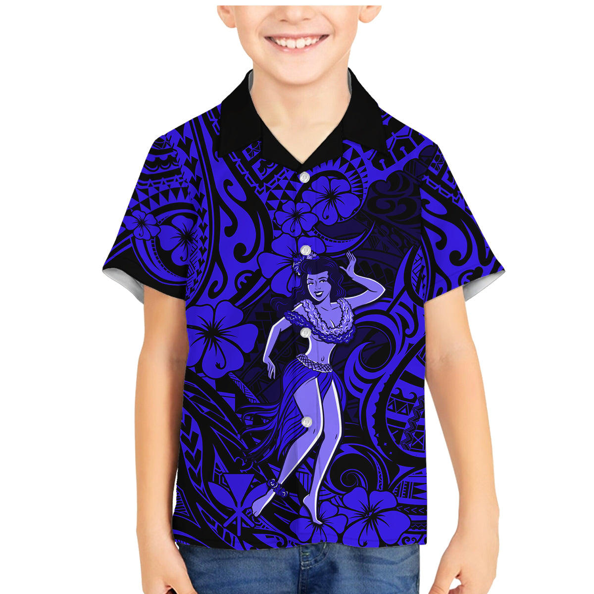Hawaii Hula Girl Family Matching Mermaid Dress and Hawaiian Shirt Polynesian Pattern Navy Blue Version LT01 Son's Shirt Blue - Polynesian Pride