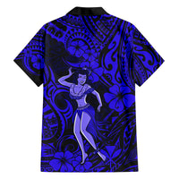 Hawaii Hula Girl Family Matching Off Shoulder Long Sleeve Dress and Hawaiian Shirt Polynesian Pattern Navy Blue Version LT01 - Polynesian Pride