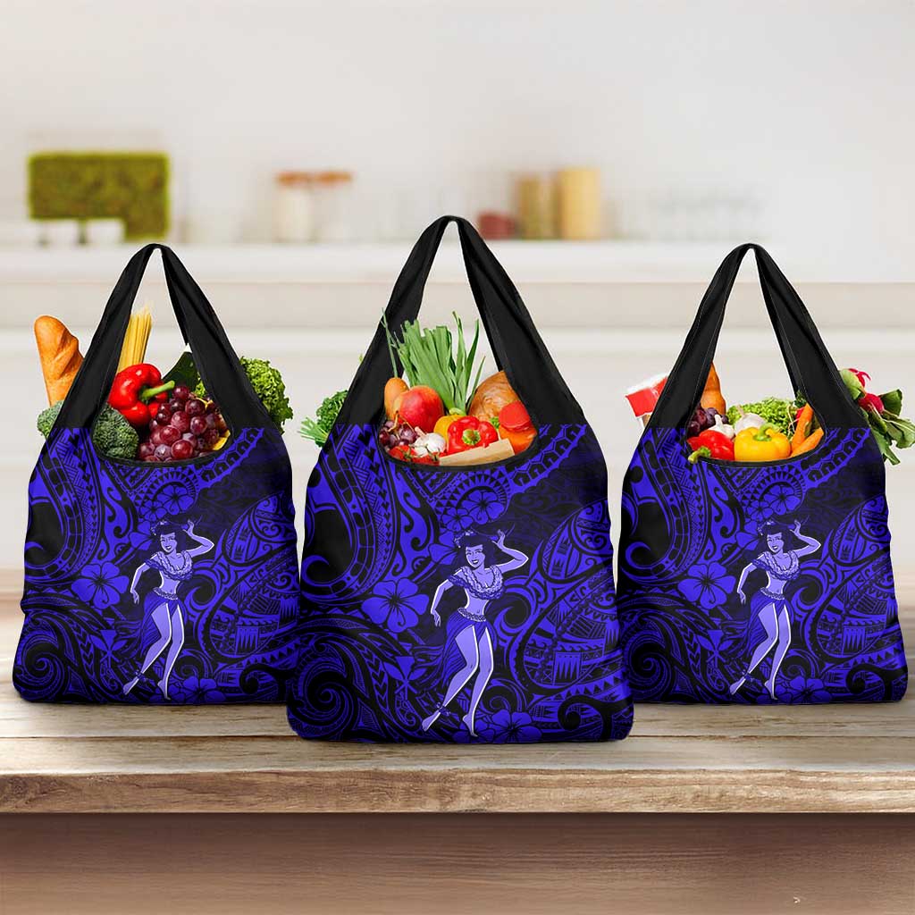 Hawaii Hula Girl Grocery Bag Polynesian Pattern Navy Blue Version LT01 3-pack One Size Blue - Polynesian Pride