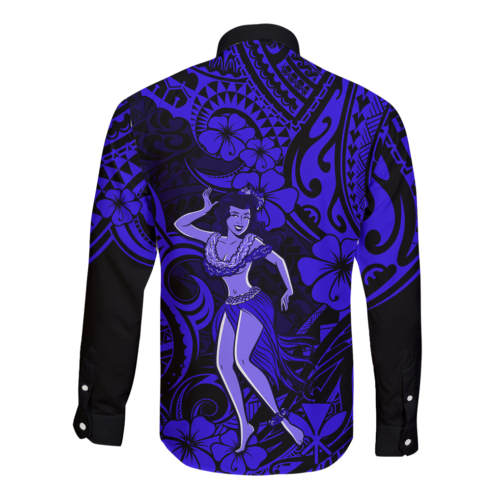 Hawaii Hula Girl Long Sleeve Button Shirt Polynesian Pattern Navy Blue Version LT01 - Polynesian Pride