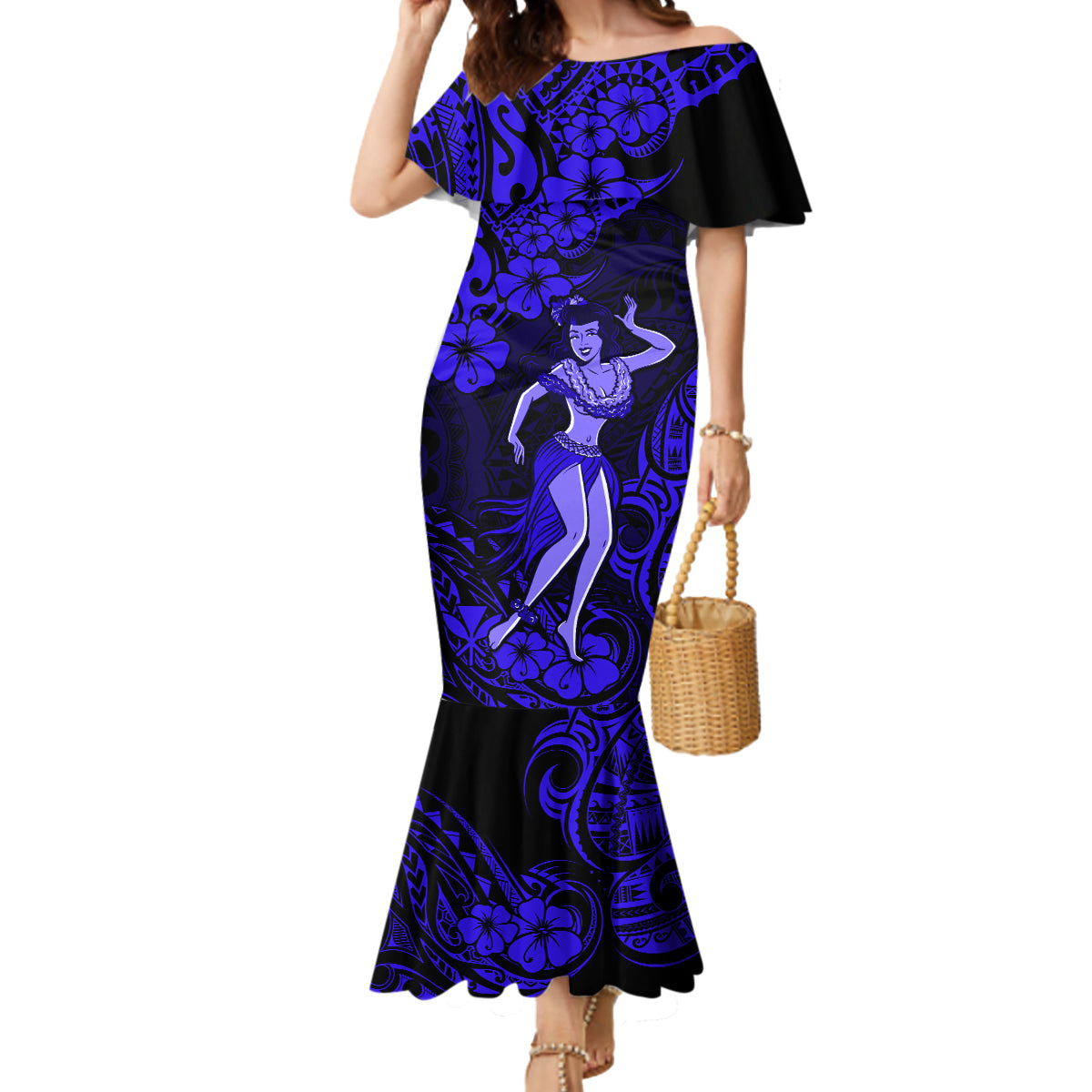 Hawaii Hula Girl Mermaid Dress Polynesian Pattern Navy Blue Version LT01 Women Blue - Polynesian Pride