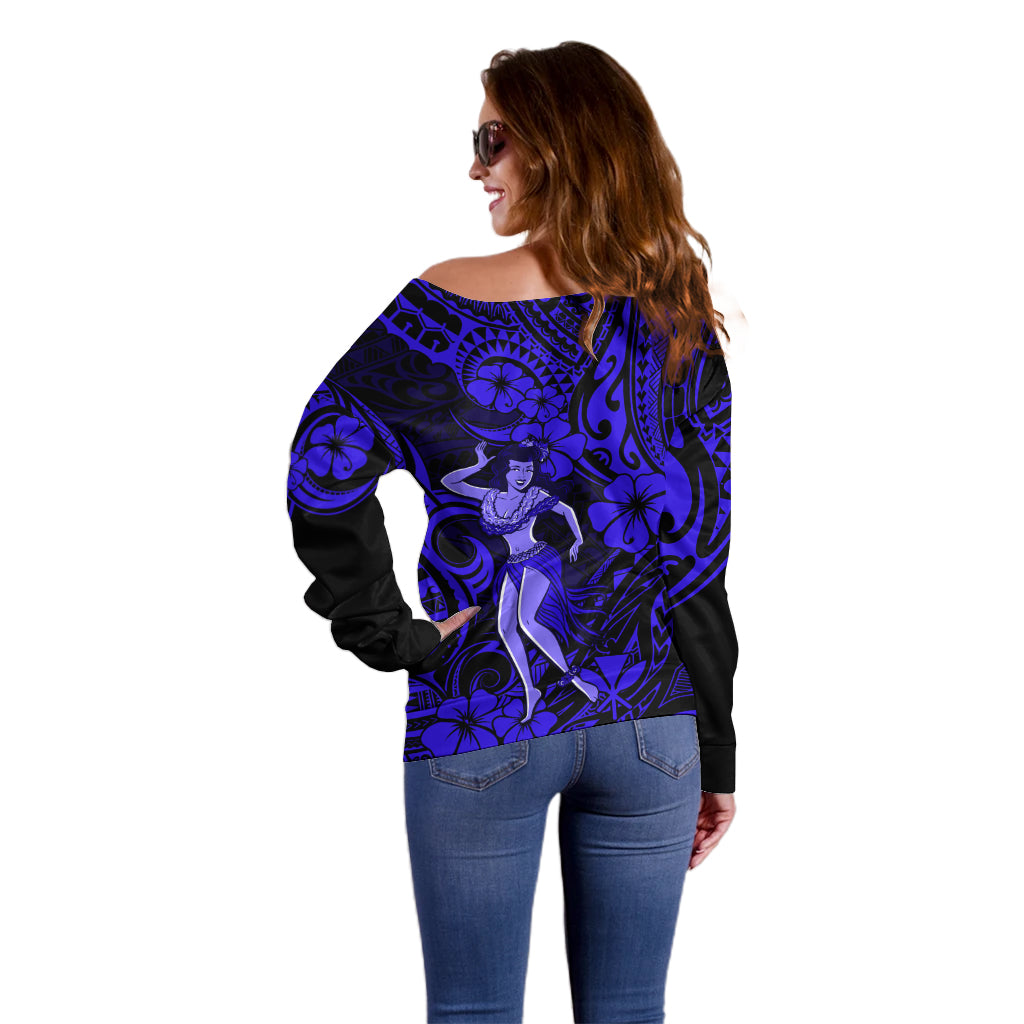 Hawaii Hula Girl Off Shoulder Sweater Polynesian Pattern Navy Blue Version LT01 - Polynesian Pride