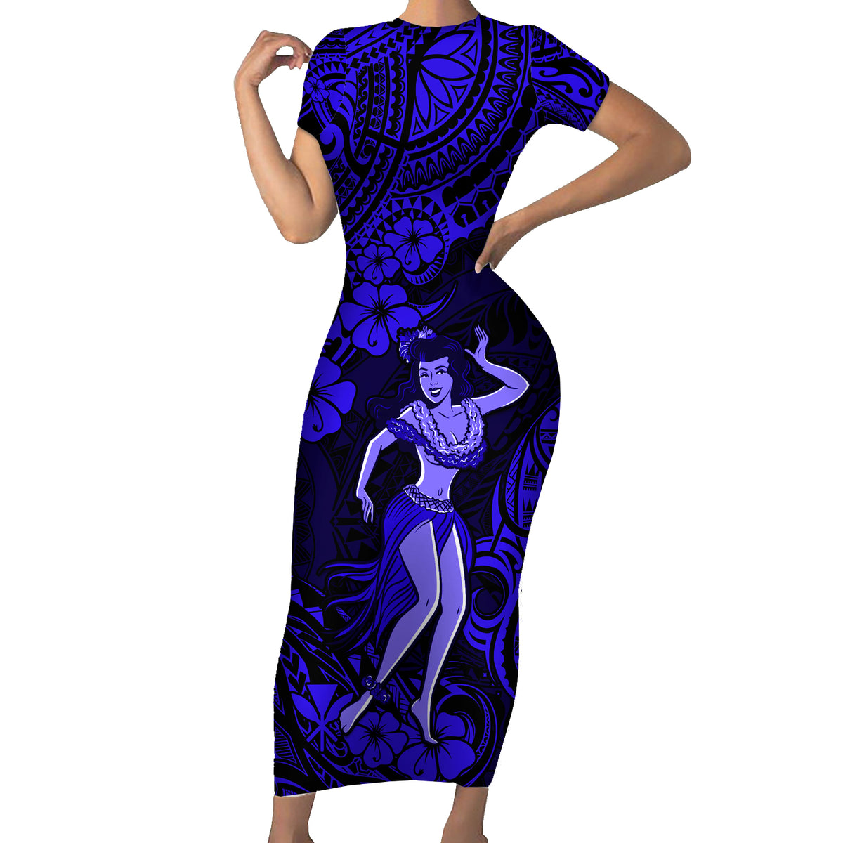 Hawaii Hula Girl Short Sleeve Bodycon Dress Polynesian Pattern Navy Blue Version LT01 Long Dress Blue - Polynesian Pride