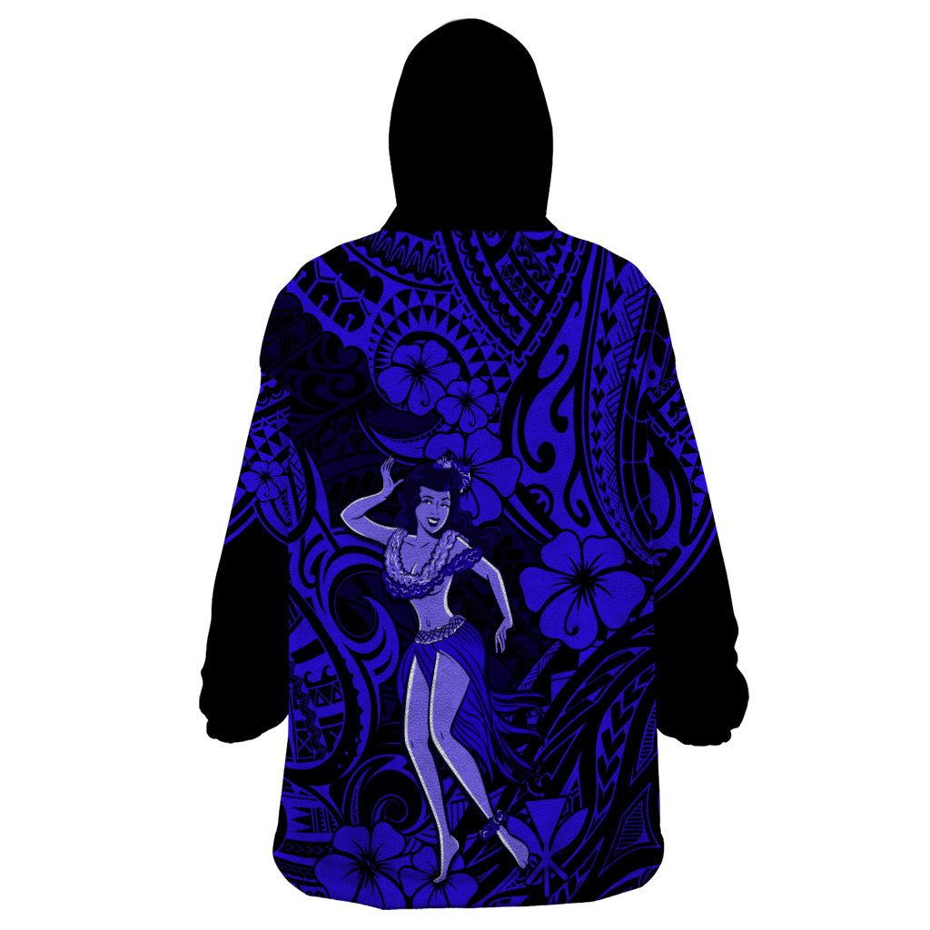 Hawaii Hula Girl Wearable Blanket Hoodie Polynesian Pattern Navy Blue Version LT01 - Polynesian Pride