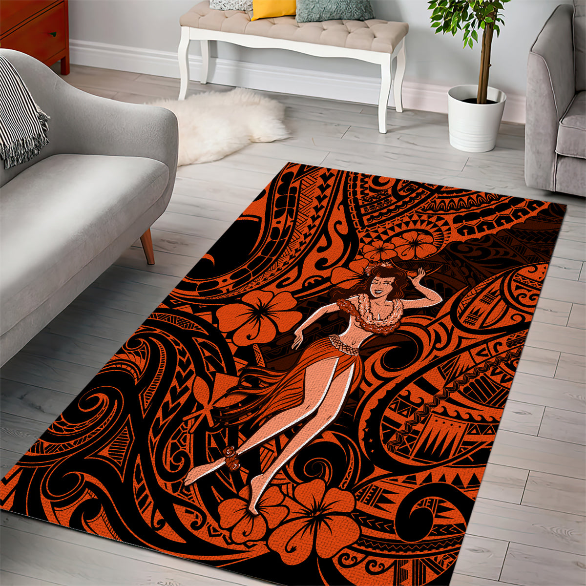 Hawaii Hula Girl Area Rug Polynesian Pattern Orange Version LT01 - Polynesian Pride