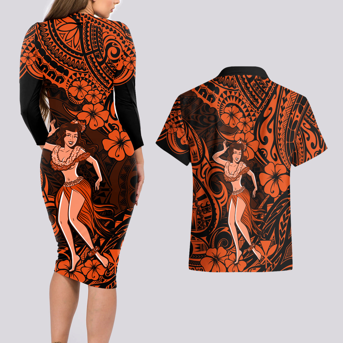 Hawaii Hula Girl Couples Matching Long Sleeve Bodycon Dress and Hawaiian Shirt Polynesian Pattern Orange Version LT01 - Polynesian Pride