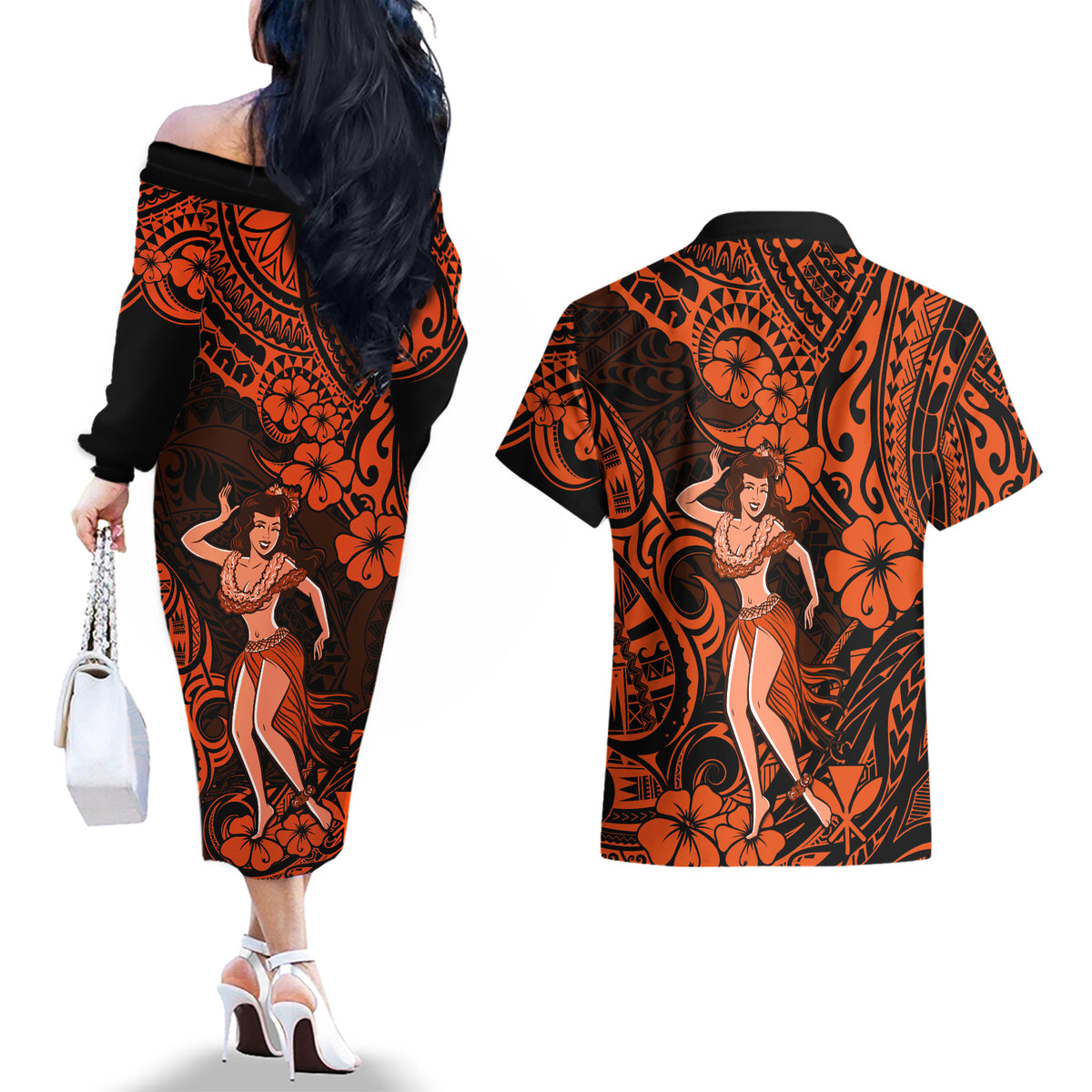 Hawaii Hula Girl Couples Matching Off The Shoulder Long Sleeve Dress and Hawaiian Shirt Polynesian Pattern Orange Version LT01 - Polynesian Pride