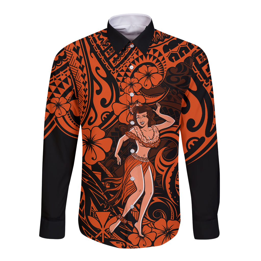 Hawaii Hula Girl Long Sleeve Button Shirt Polynesian Pattern Orange Version LT01 Unisex Orange - Polynesian Pride