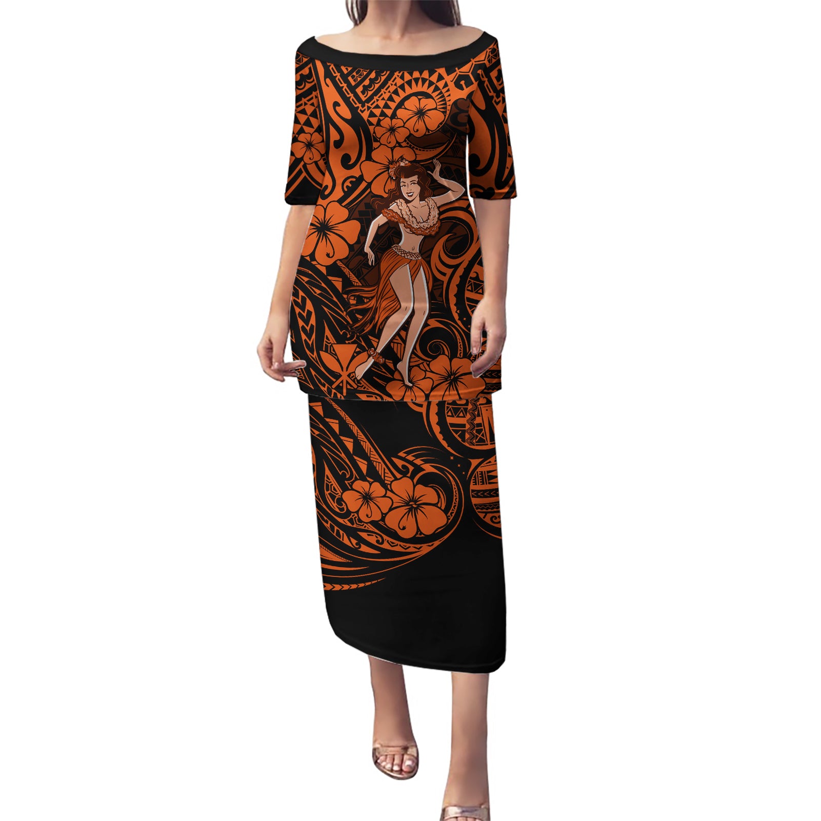 Hawaii Hula Girl Puletasi Polynesian Pattern Orange Version LT01 Long Dress Orange - Polynesian Pride