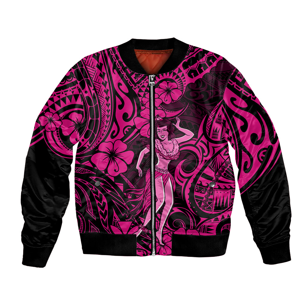 Hawaii Hula Girl Bomber Jacket Polynesian Pattern Pink Version LT01 Unisex Pink - Polynesian Pride