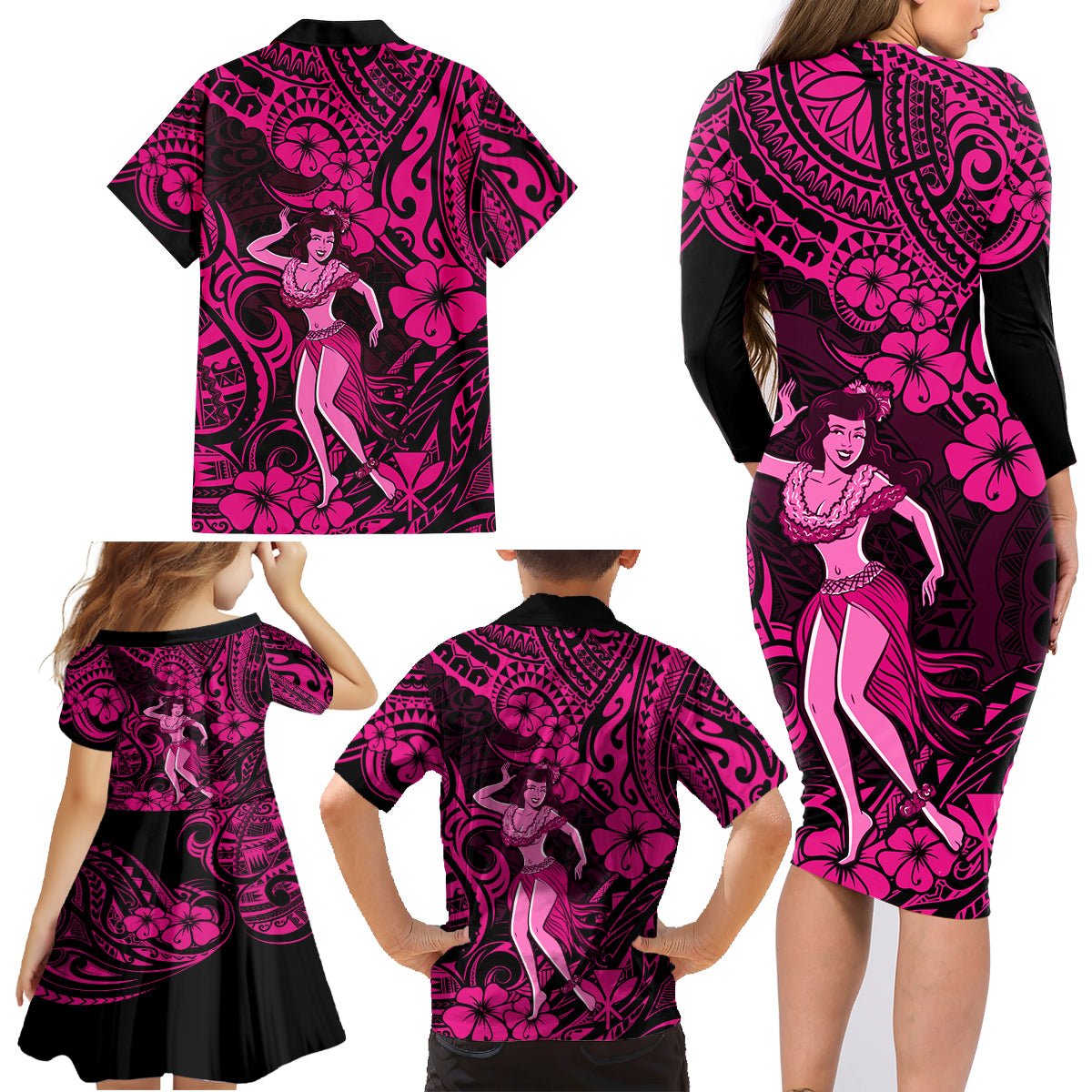 Hawaii Hula Girl Family Matching Long Sleeve Bodycon Dress and Hawaiian Shirt Polynesian Pattern Pink Version LT01 - Polynesian Pride