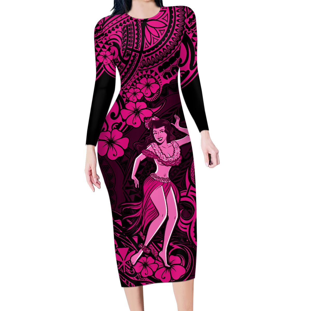 Hawaii Hula Girl Family Matching Long Sleeve Bodycon Dress and Hawaiian Shirt Polynesian Pattern Pink Version LT01 Mom's Dress Pink - Polynesian Pride