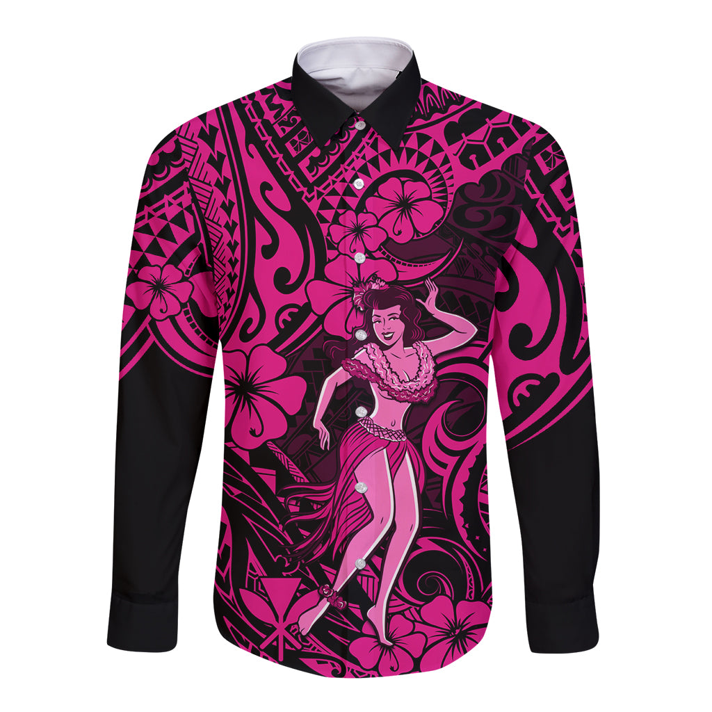 Hawaii Hula Girl Long Sleeve Button Shirt Polynesian Pattern Pink Version LT01 Unisex Pink - Polynesian Pride