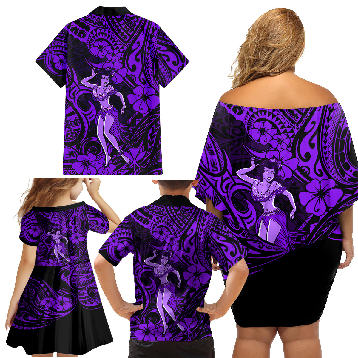 Hawaii Hula Girl Family Matching Off Shoulder Short Dress and Hawaiian Shirt Hibiscus Hawaii Tribal Tattoo Purple Version LT01 - Polynesian Pride