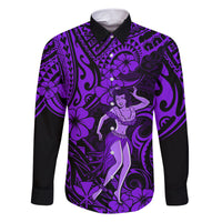 Hawaii Hula Girl Family Matching Short Sleeve Bodycon Dress and Hawaiian Shirt Hibiscus Hawaii Tribal Tattoo Purple Version LT01 Dad's Shirt - Long Sleeve Purple - Polynesian Pride