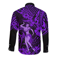 Hawaii Hula Girl Long Sleeve Button Shirt Hibiscus Hawaii Tribal Tattoo Purple Version LT01 - Polynesian Pride